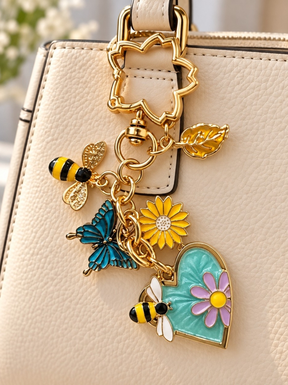 Gold-Tone Bee, Leaf, Butterfly & Flower Purse Bag Charm New